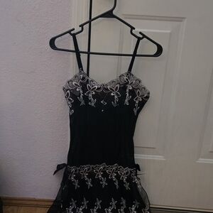 Slit Sheer Black Embroidered Floral Negligee With Brown & White Accents